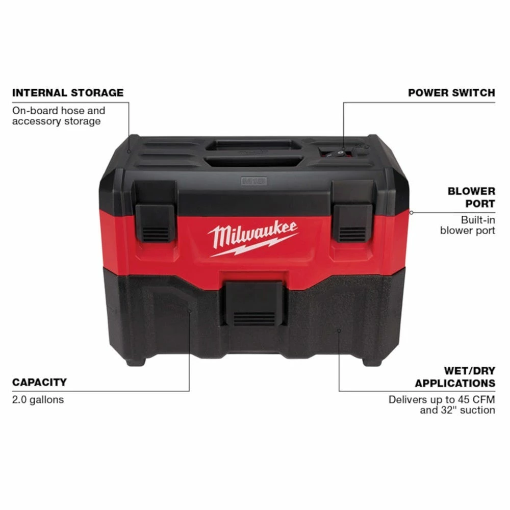 Milwaukee M18 18Volt Lithium Ion Cordless 2-Gallon Wet/Dry Vacuum Bare Tool Only - 0880-20 - Shop Vacuums - Image 11