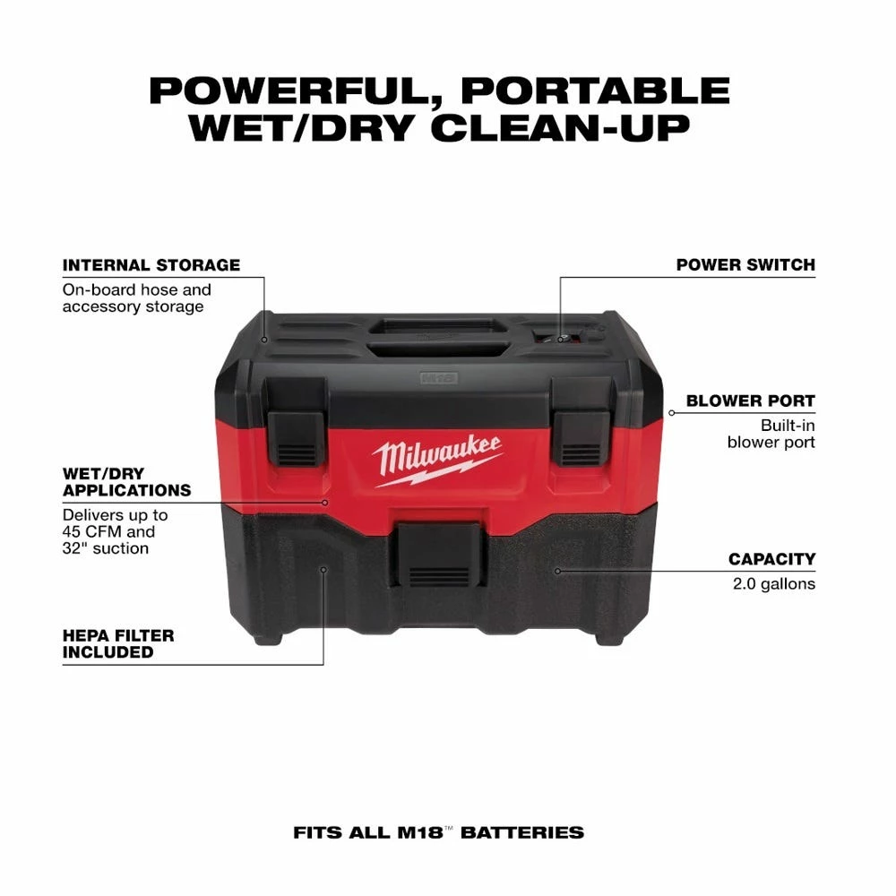 Milwaukee M18 18Volt Lithium Ion Cordless 2-Gallon Wet/Dry Vacuum Bare Tool Only - 0880-20 - Shop Vacuums - Image 10